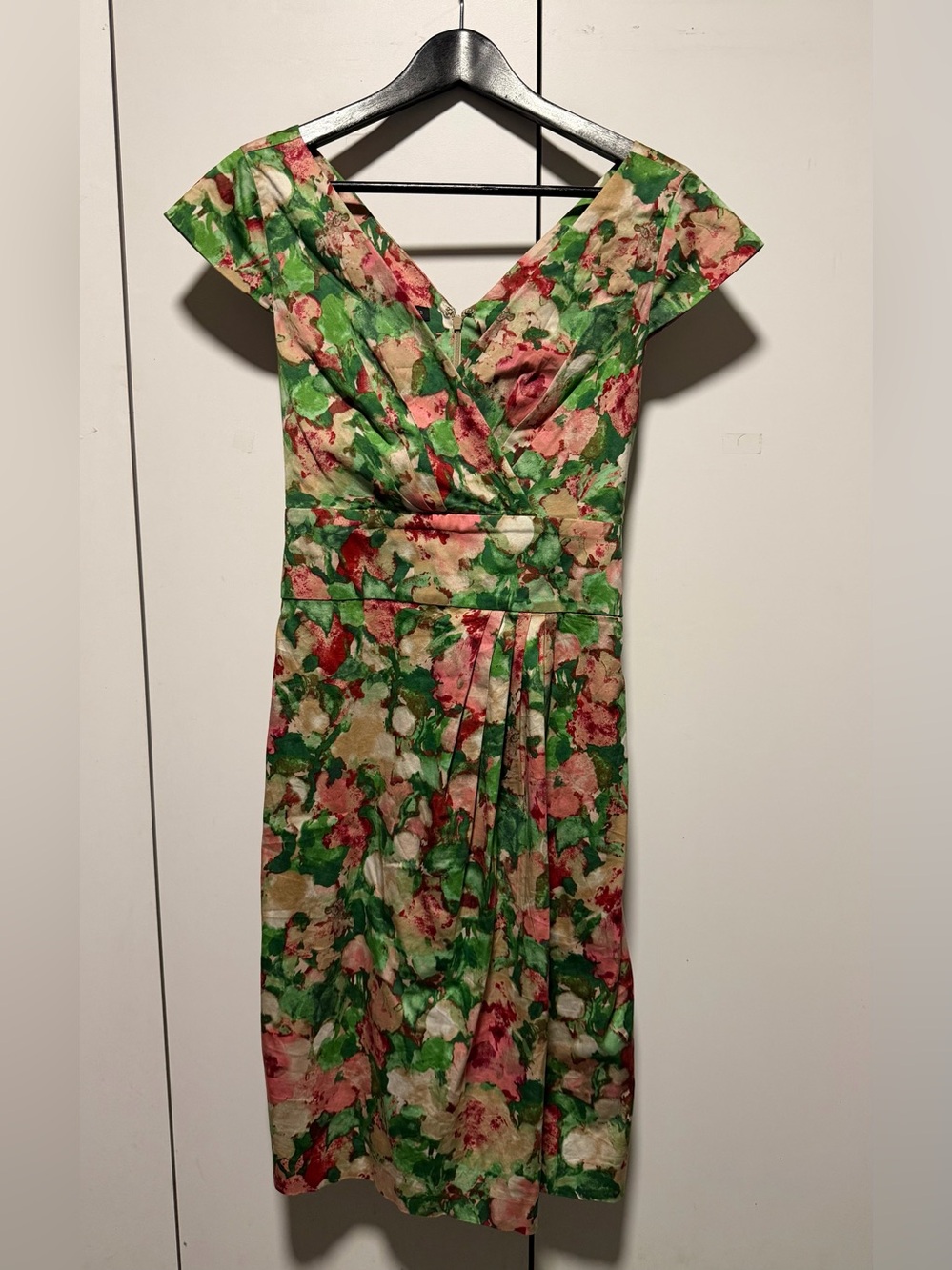 Talbots Green and Pink Floral Cap-Sleeve Midi Dress